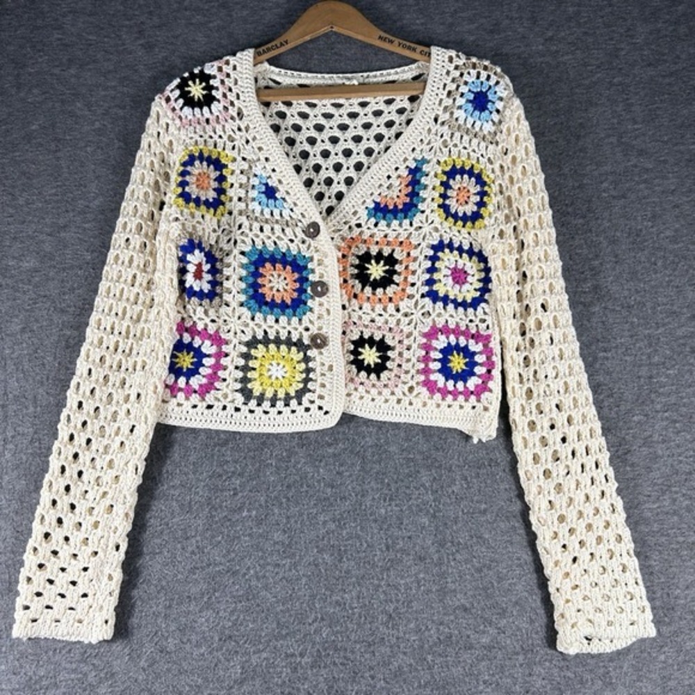 Debut Ivory Crocheted Cardigan Grandma Squares Colorful‎ Cropped Boho Size XS